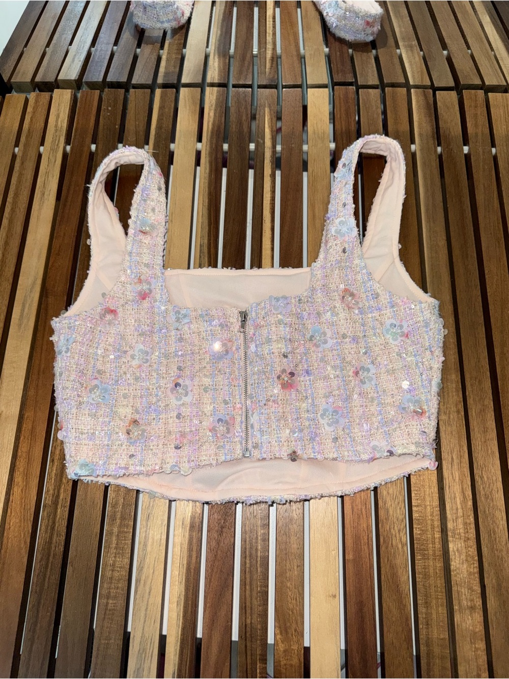 Pristine Altar’d State Regina 3D Floral Tweed Corset Sequin Top Medium - Picture 8 of 13